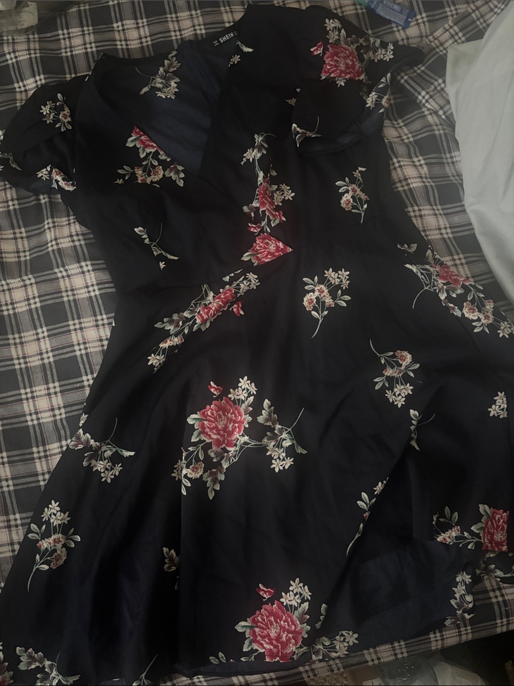 Floral Fit & Flare Dress - Black with Pink Rose Print